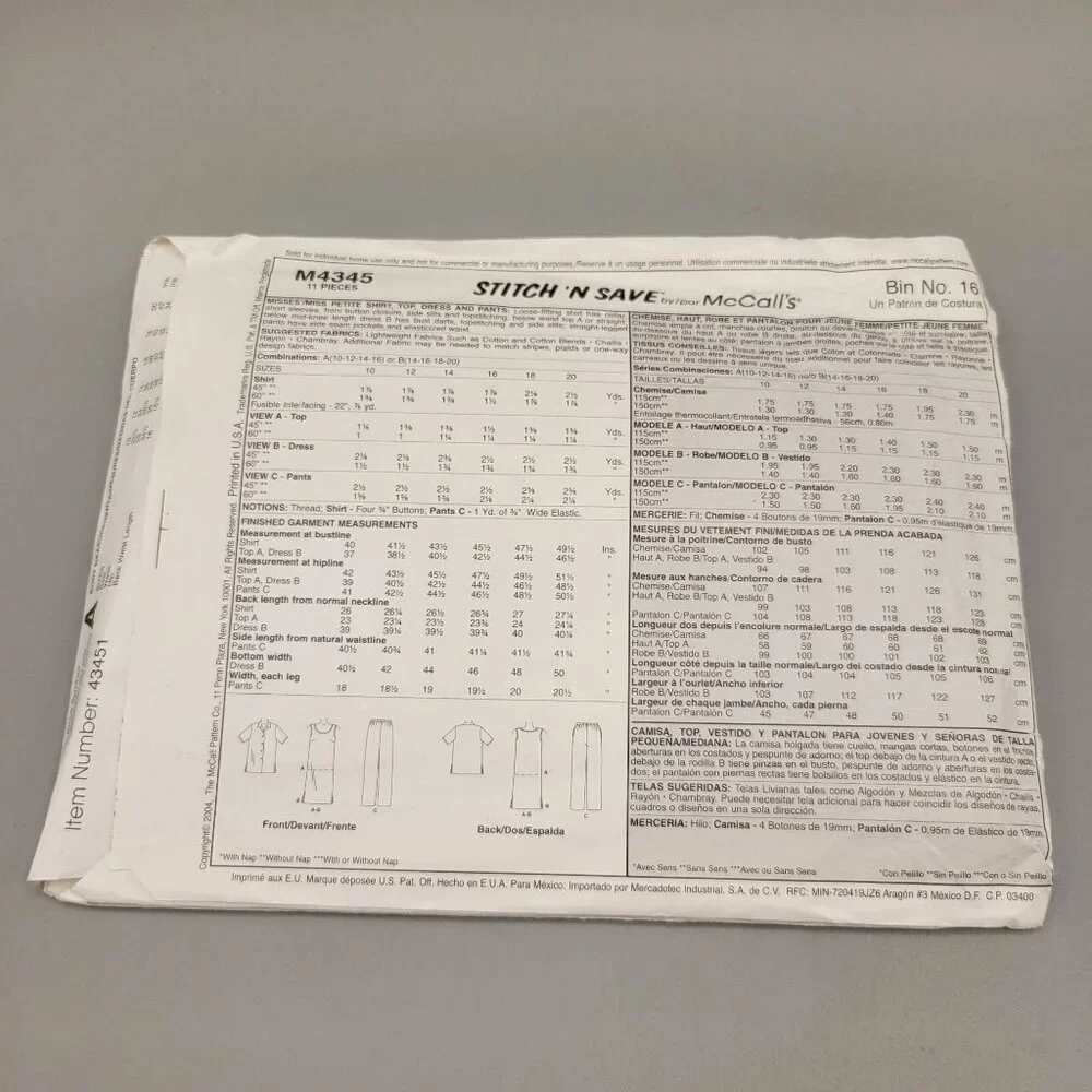 McCalls Pattern Misses Shirt Top Dress Pants M4345 Size 10-16 UNCUT